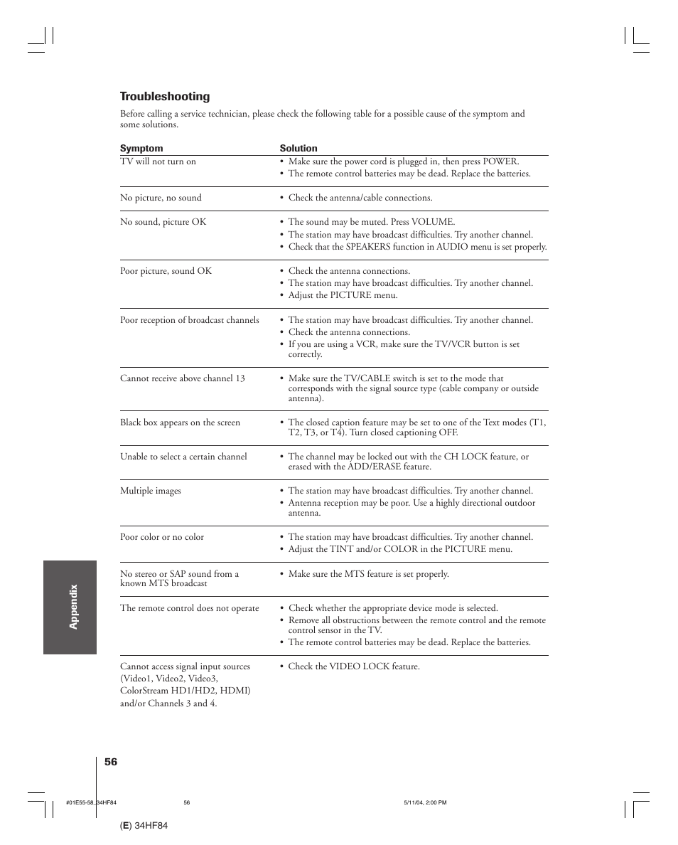 Troubleshooting | Toshiba 34HF84 User Manual | Page 56 / 60
