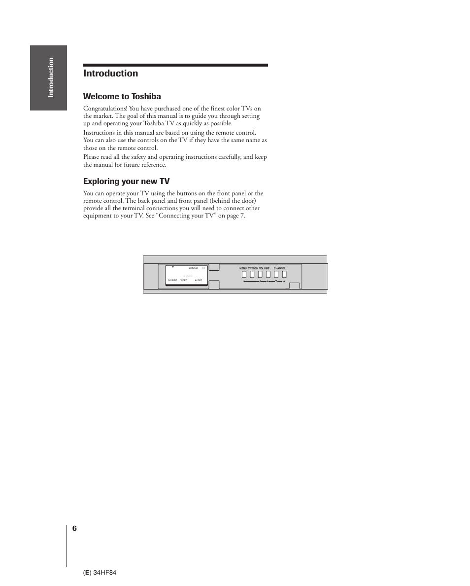 Introduction, Welcome to toshiba, Exploring your new tv | Toshiba 34HF84 User Manual | Page 6 / 60
