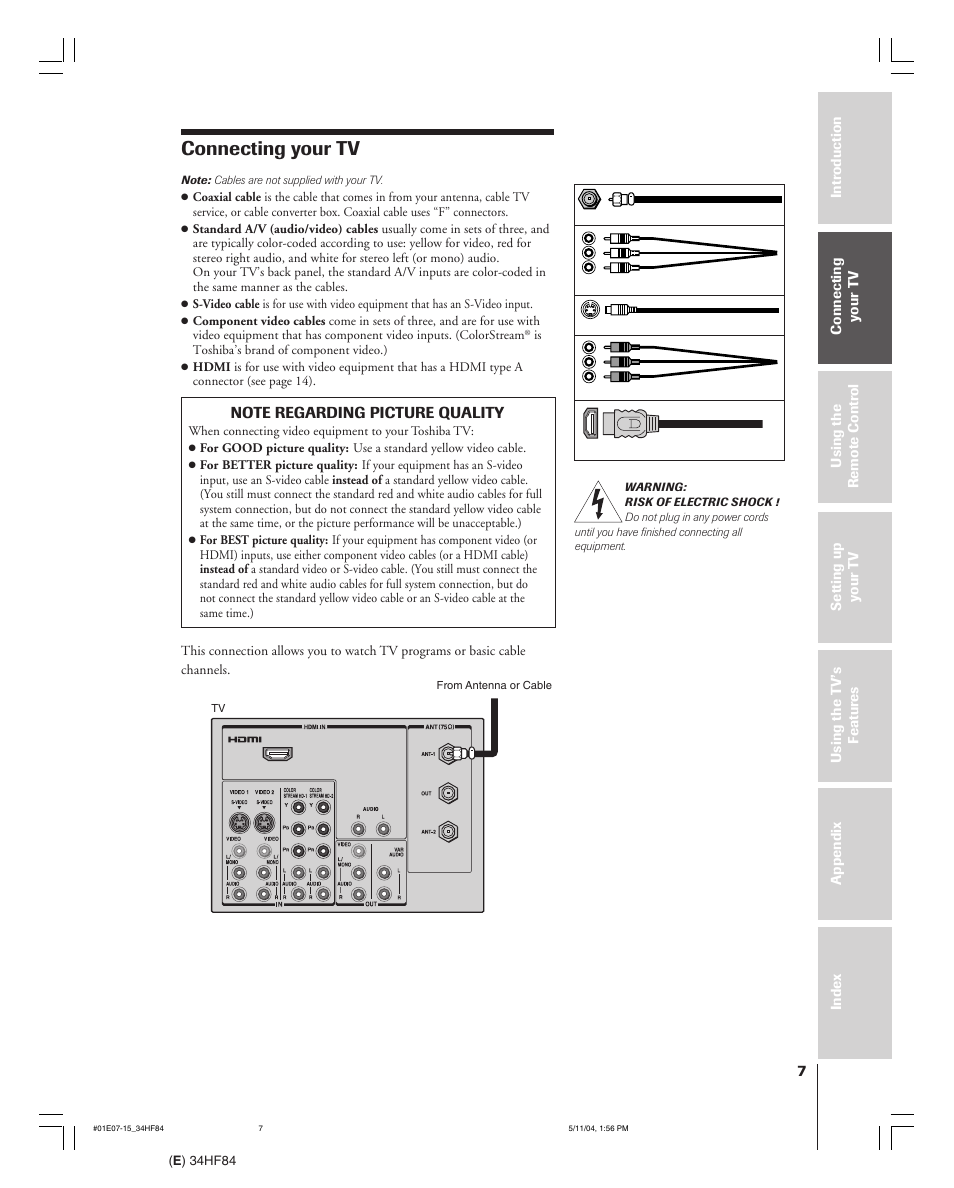 Connecting your tv | Toshiba 34HF84 User Manual | Page 7 / 60