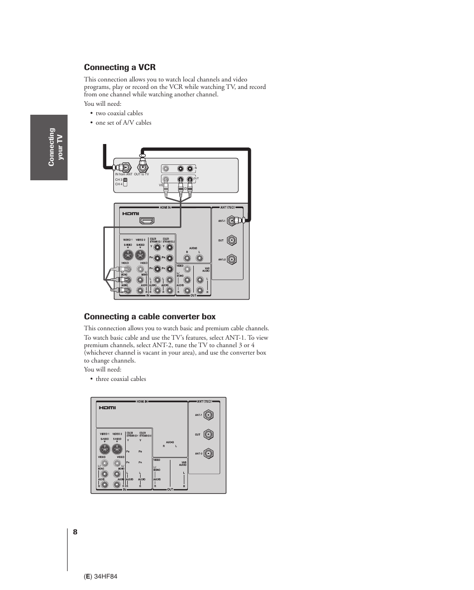 Connecting a vcr, Connecting a cable converter box | Toshiba 34HF84 User Manual | Page 8 / 60