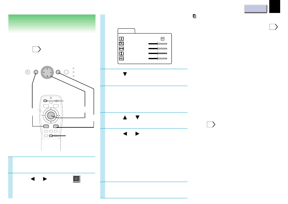 Projection adjustments - image, Projection adjustments – image, Press to select “auto sync.” press enter | Press menu, Press menu to display the menu. press or to select | Toshiba TLP 451 User Manual | Page 31 / 54