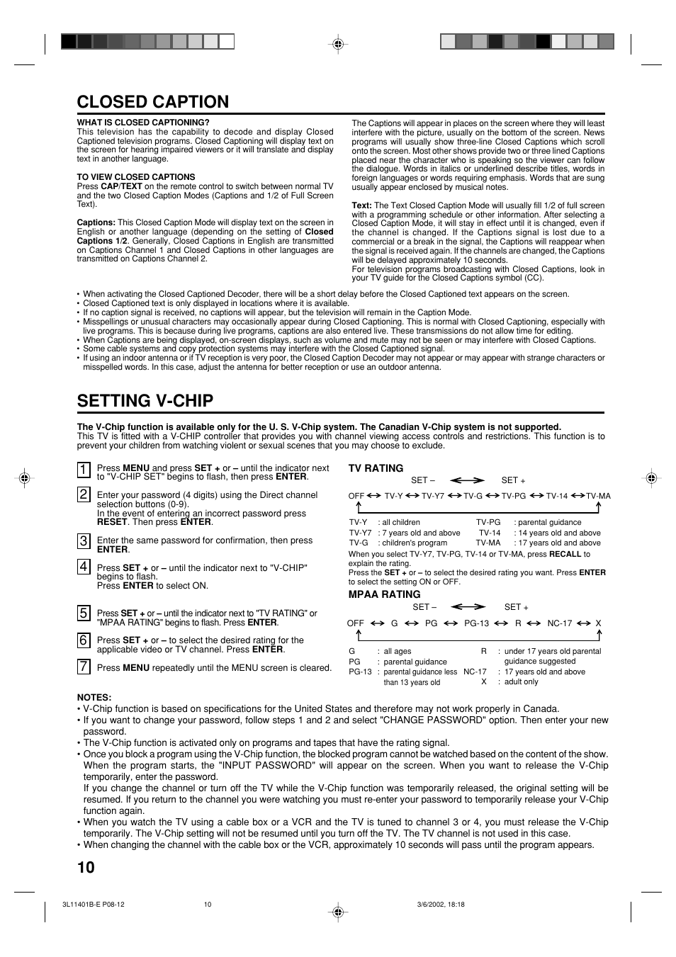 Setting v-chip, Closed caption | Toshiba 13A22 User Manual | Page 10 / 48