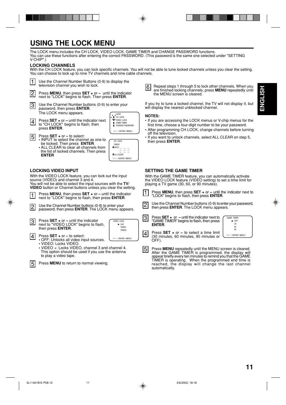 Using the lock menu, Englishenglish | Toshiba 13A22 User Manual | Page 11 / 48