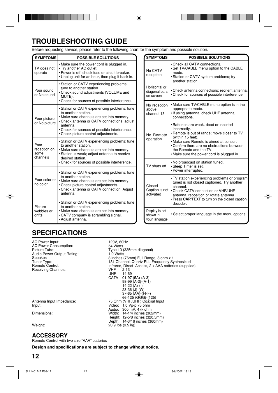 Troubleshooting guide, Specifications, Accessory | Toshiba 13A22 User Manual | Page 12 / 48