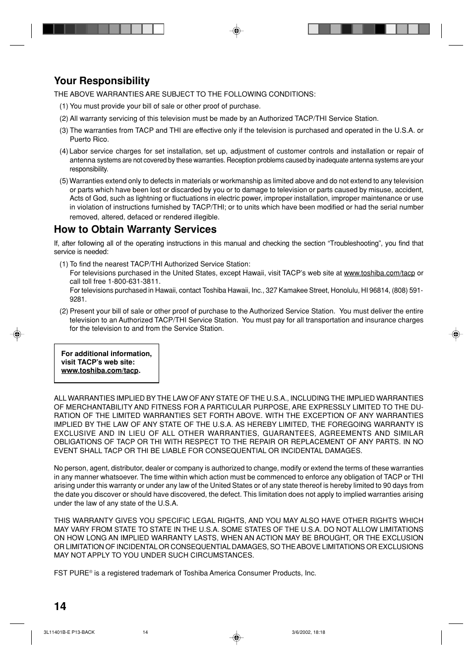 Your responsibility, How to obtain warranty services | Toshiba 13A22 User Manual | Page 14 / 48