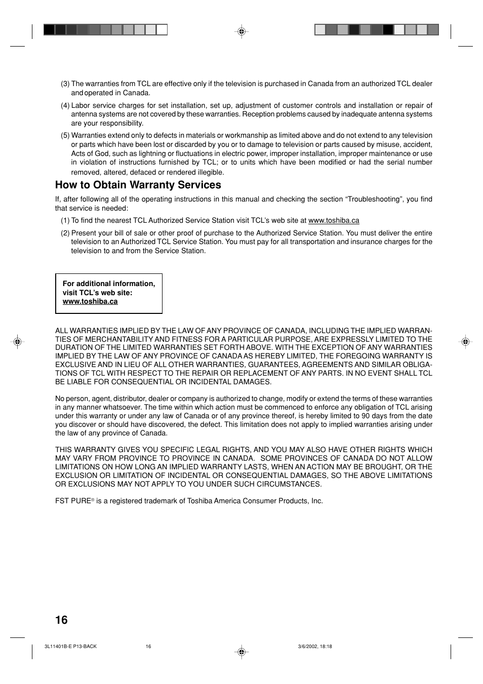 How to obtain warranty services | Toshiba 13A22 User Manual | Page 16 / 48
