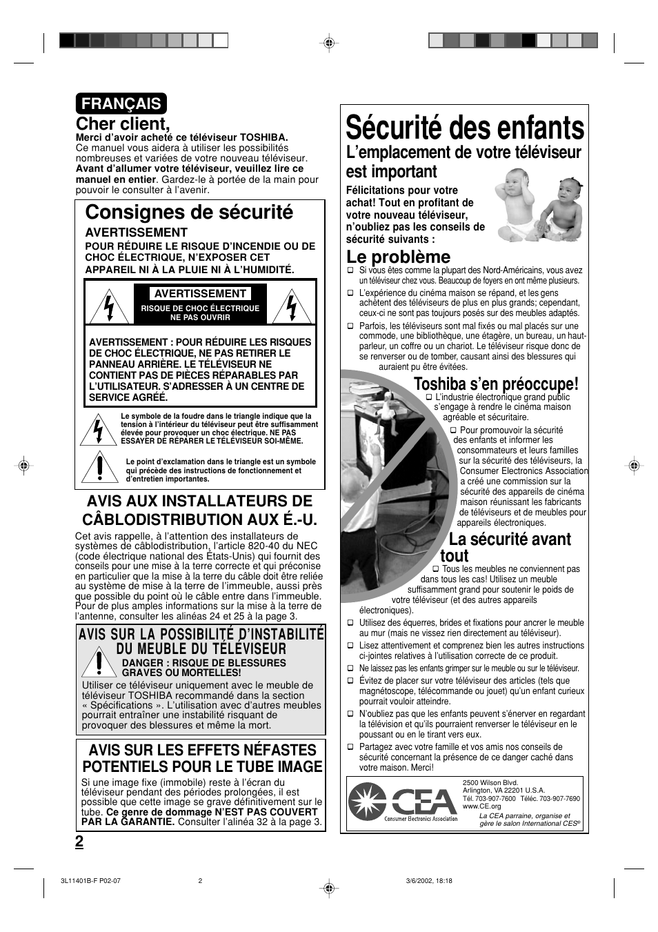 Sécurité des enfants, Consignes de sécurité, L’emplacement de votre téléviseur est important | Le problème, Toshiba s’en préoccupe, La sécurité avant tout, Cher client, Français | Toshiba 13A22 User Manual | Page 18 / 48
