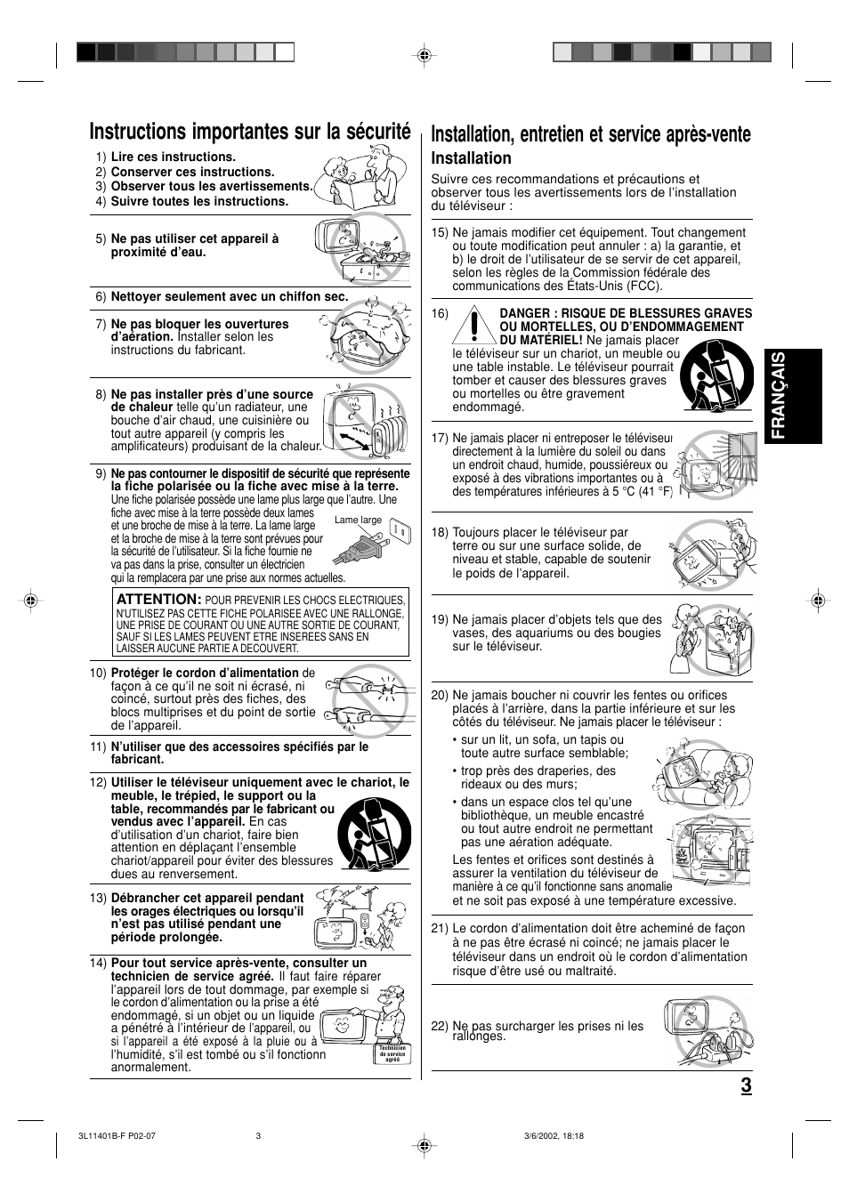 Installation, entretien et service après-vente, Instructions importantes sur la sécurité, Fran ç ais | Installation | Toshiba 13A22 User Manual | Page 19 / 48