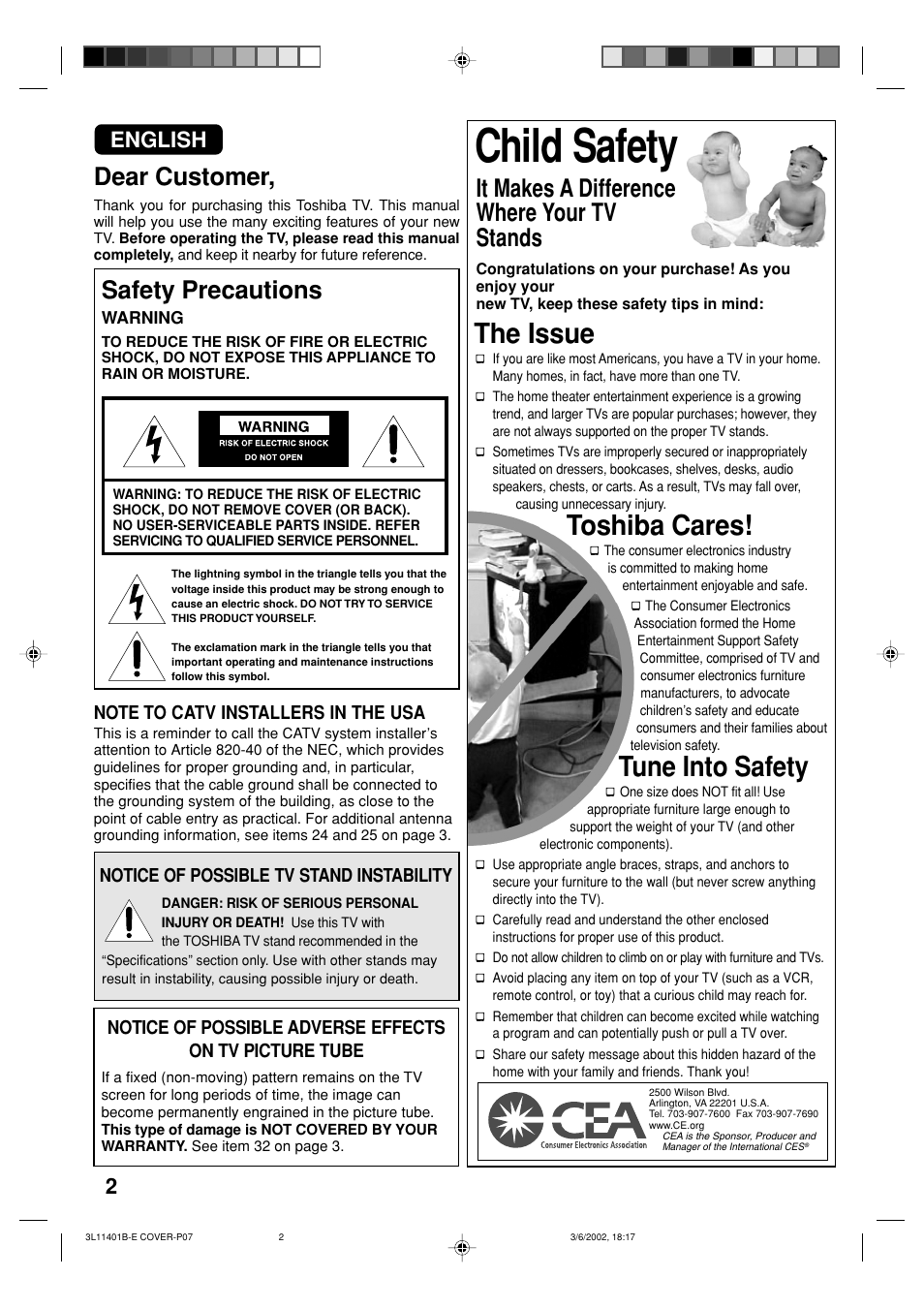 Child safety, The issue, Toshiba cares | Tune into safety, It makes a difference where your tv stands, Safety precautions, Dear customer, English | Toshiba 13A22 User Manual | Page 2 / 48