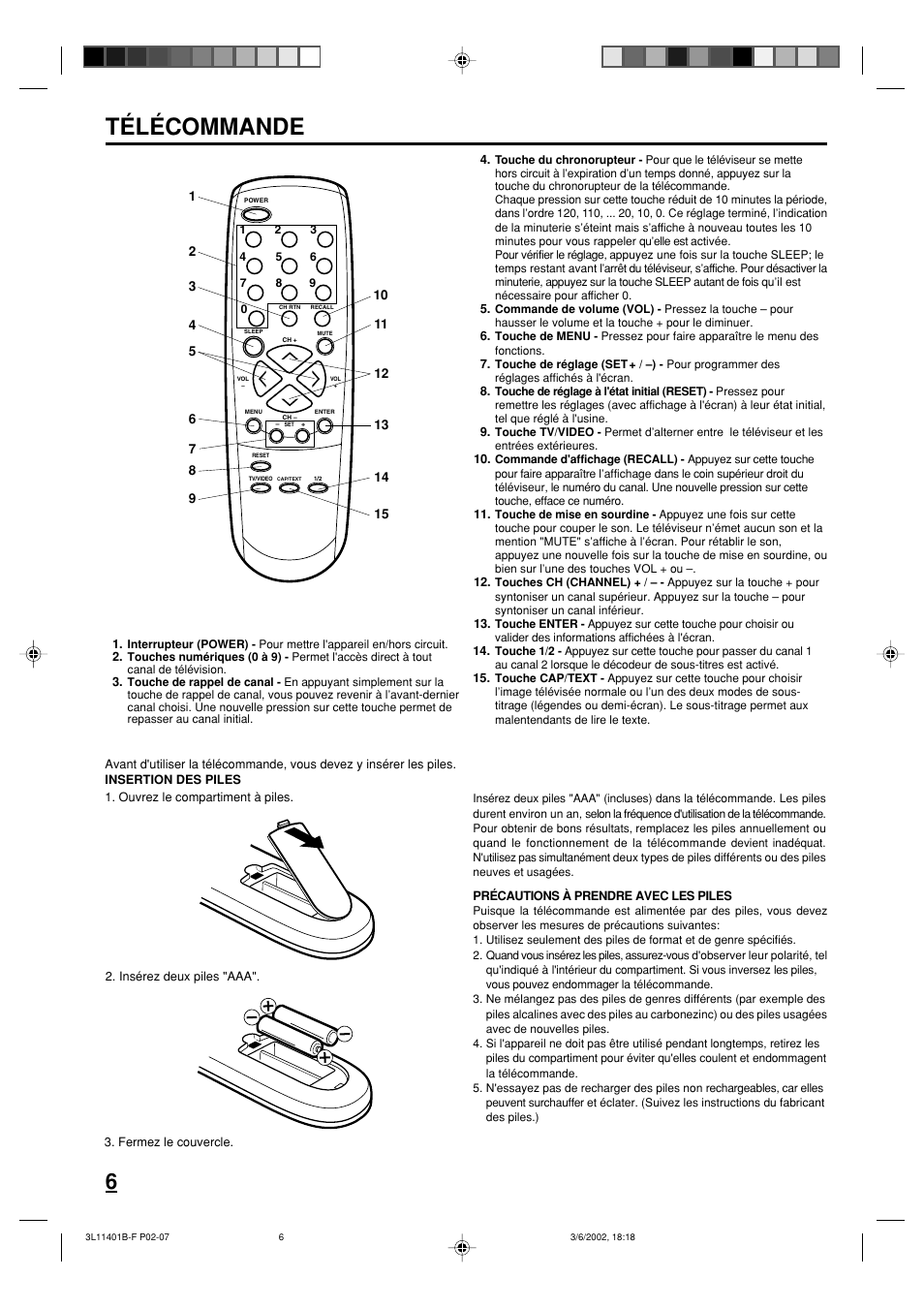 Télécommande | Toshiba 13A22 User Manual | Page 22 / 48