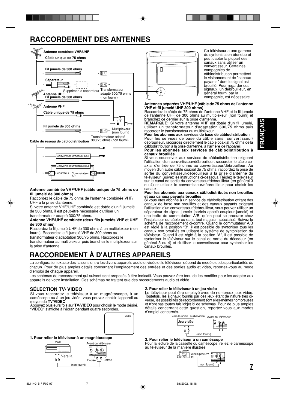 Raccordement des antennes, Raccordement à d'autres appareils, Fran ç ais | Sélection tv/ video | Toshiba 13A22 User Manual | Page 23 / 48