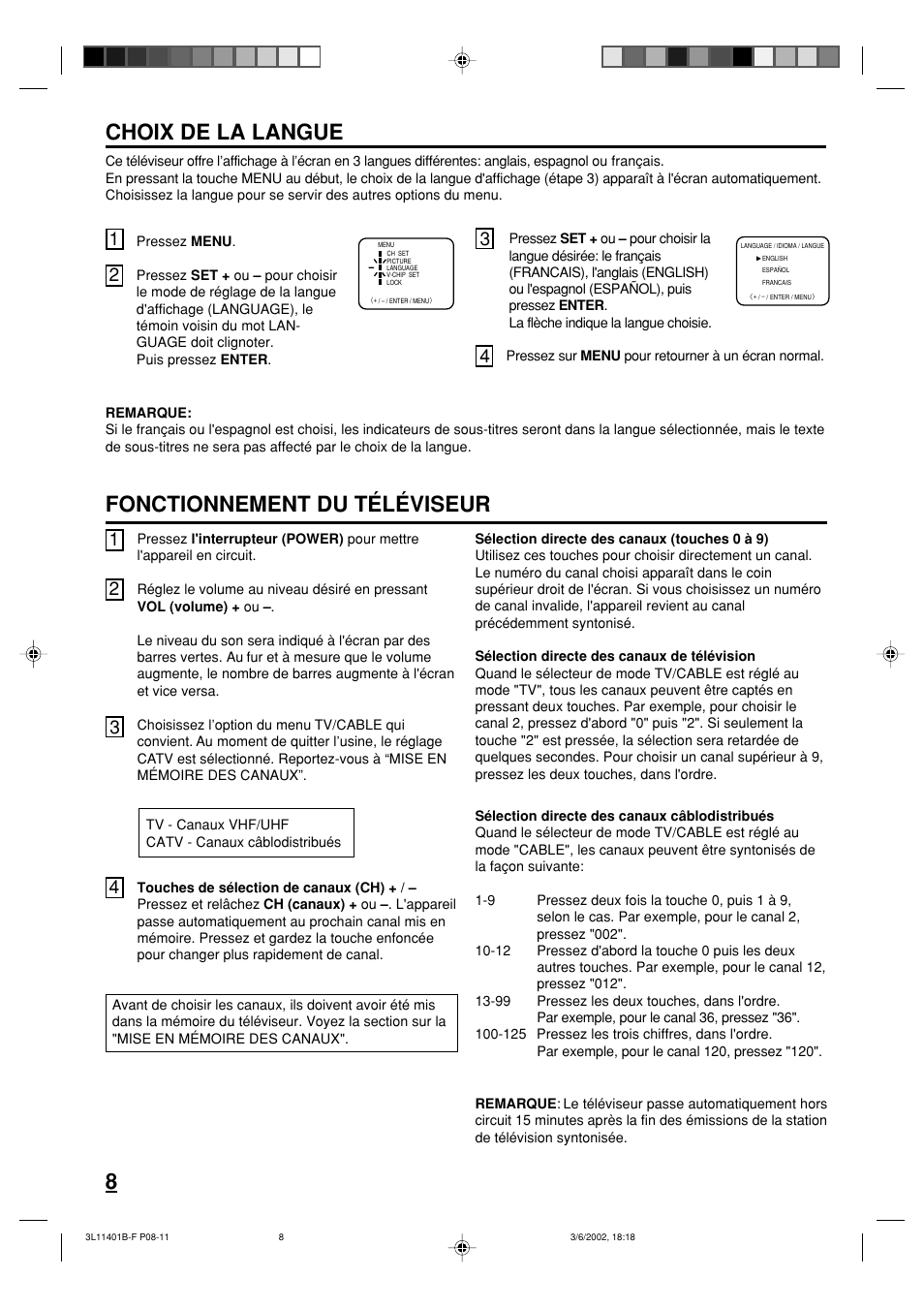 Choix de la langue, Fonctionnement du téléviseur | Toshiba 13A22 User Manual | Page 24 / 48
