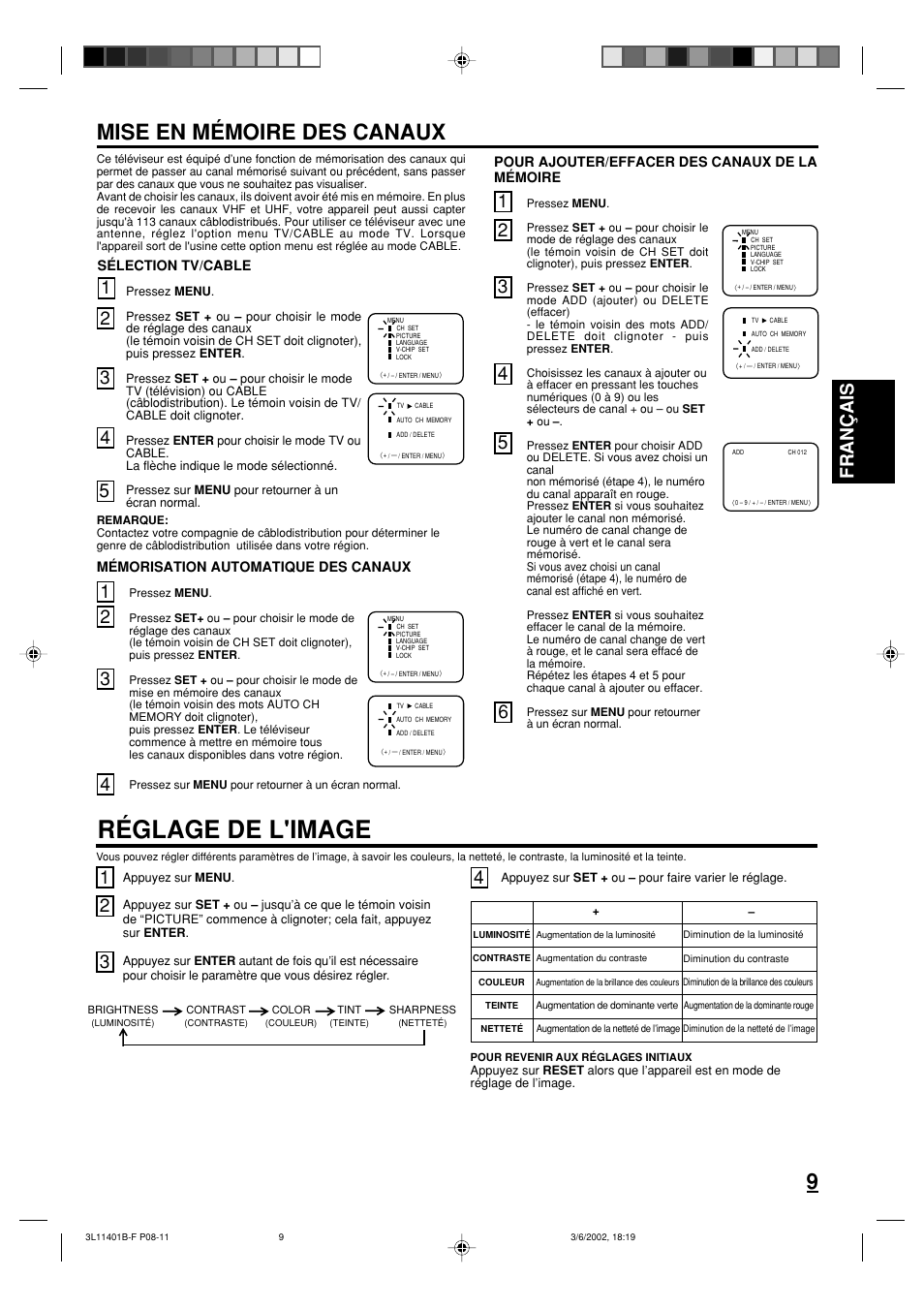 Réglage de l'image, Mise en mémoire des canaux, Fran ç ais | Toshiba 13A22 User Manual | Page 25 / 48