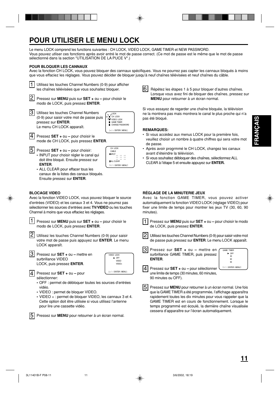 Pour utiliser le menu lock, Fran ç ais | Toshiba 13A22 User Manual | Page 27 / 48