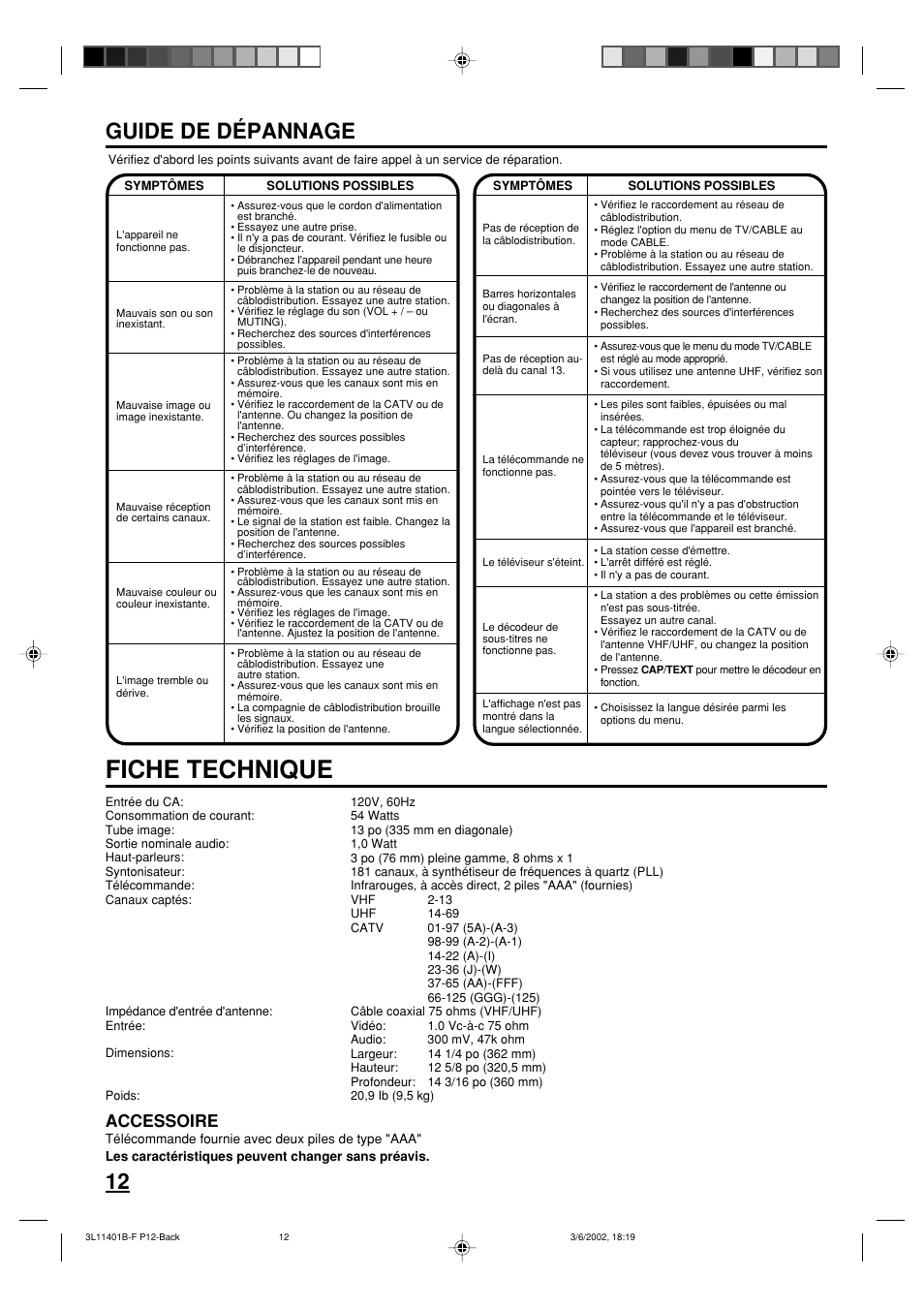 Fiche technique, 12 guide de dépannage, Accessoire | Toshiba 13A22 User Manual | Page 28 / 48