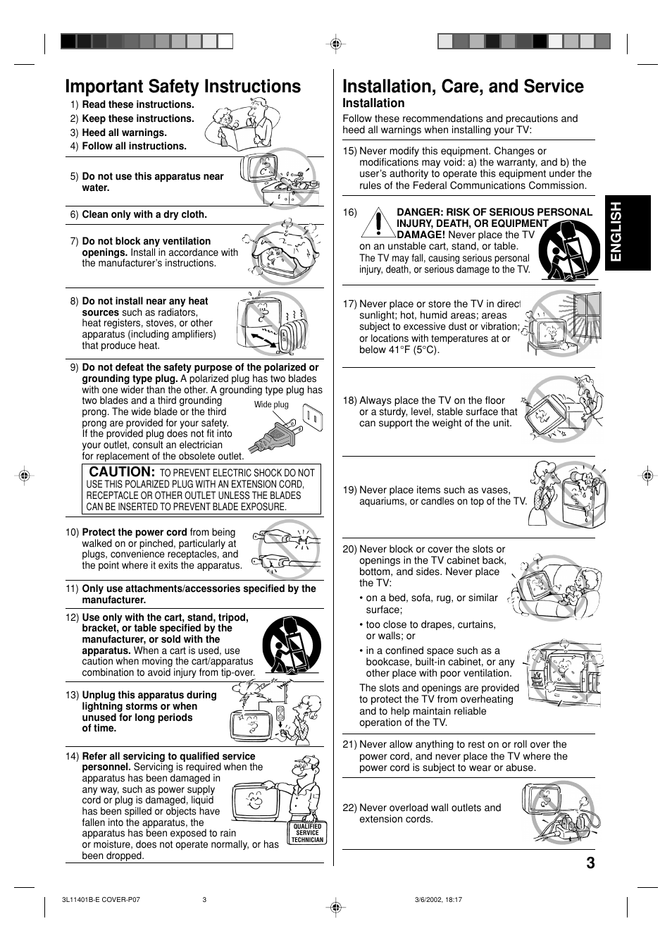 Installation, care, and service, Important safety instructions, Englishenglish | Caution | Toshiba 13A22 User Manual | Page 3 / 48