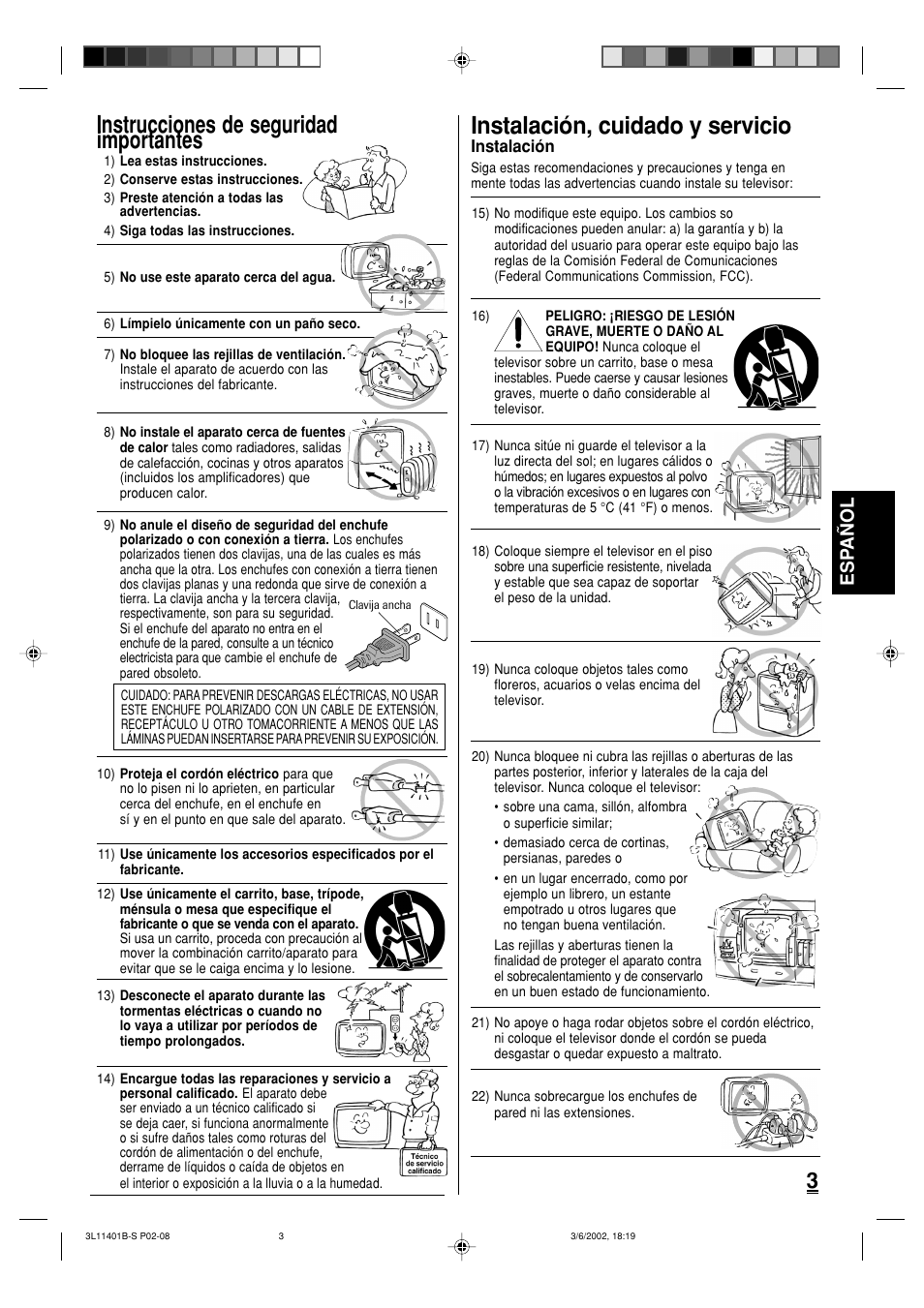 Instrucciones de seguridad importantes, Instalación, cuidado y servicio, Esp a ñ ol | Toshiba 13A22 User Manual | Page 35 / 48