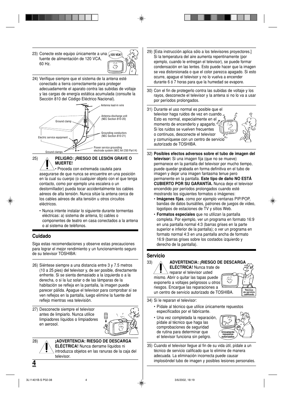 Cuidado, Servicio | Toshiba 13A22 User Manual | Page 36 / 48