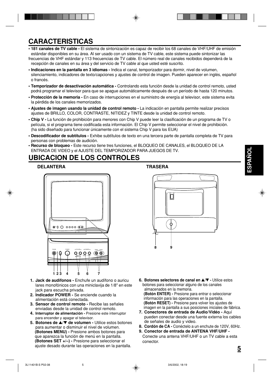 Caracteristicas, Ubicacion de los controles, Esp a ñ ol | Toshiba 13A22 User Manual | Page 37 / 48