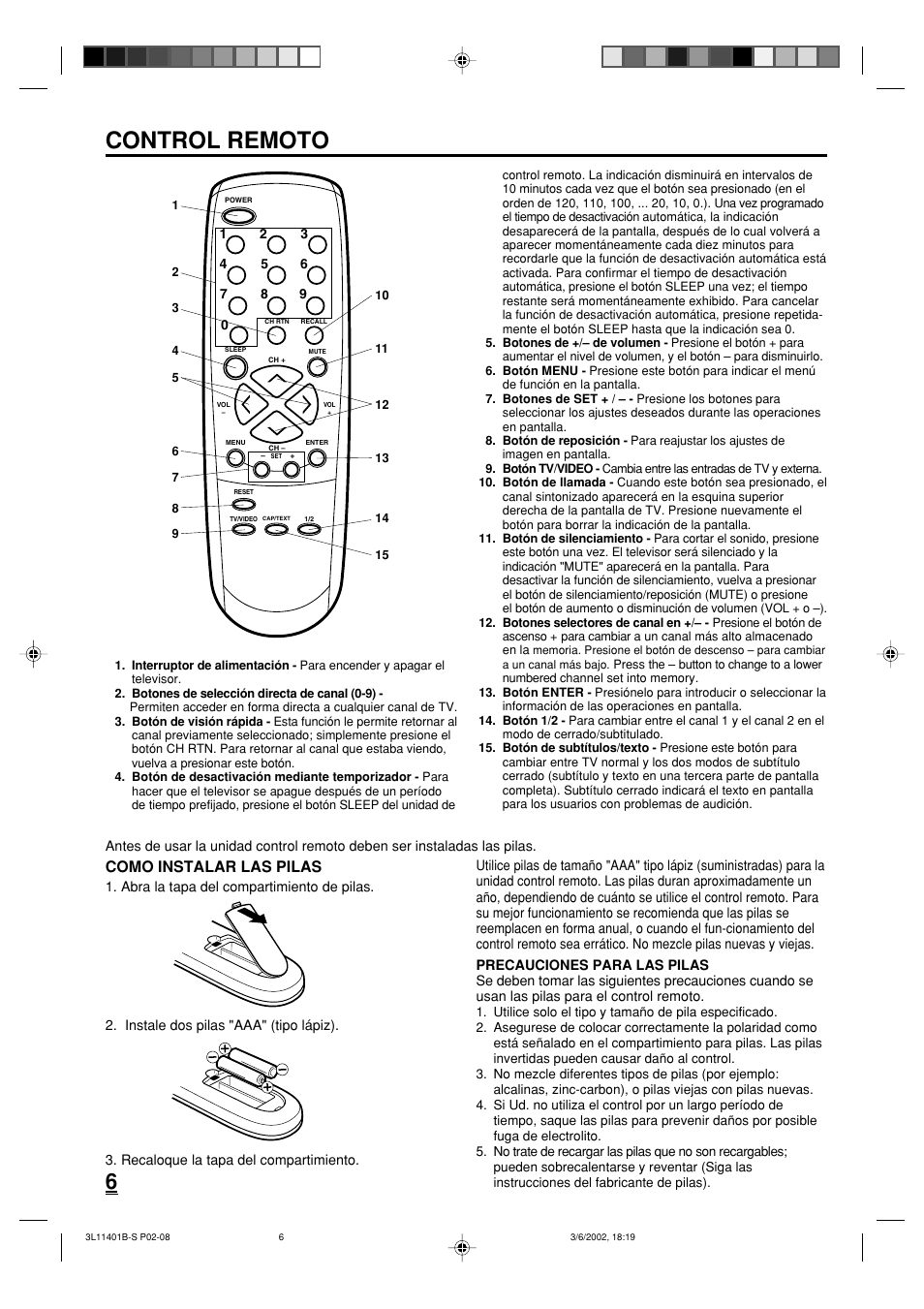 Control remoto, Como instalar las pilas | Toshiba 13A22 User Manual | Page 38 / 48