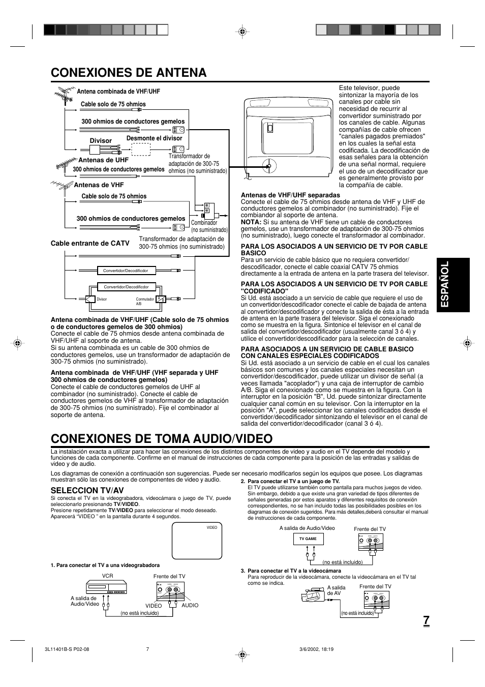 Conexiones de antena, Conexiones de toma audio/video, Esp a ñ ol | Seleccion tv/av | Toshiba 13A22 User Manual | Page 39 / 48