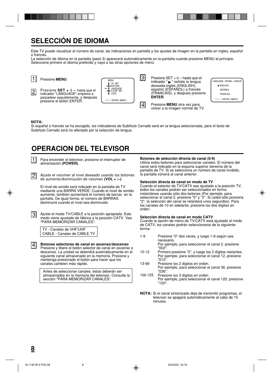 Selección de idioma, Operacion del televisor | Toshiba 13A22 User Manual | Page 40 / 48