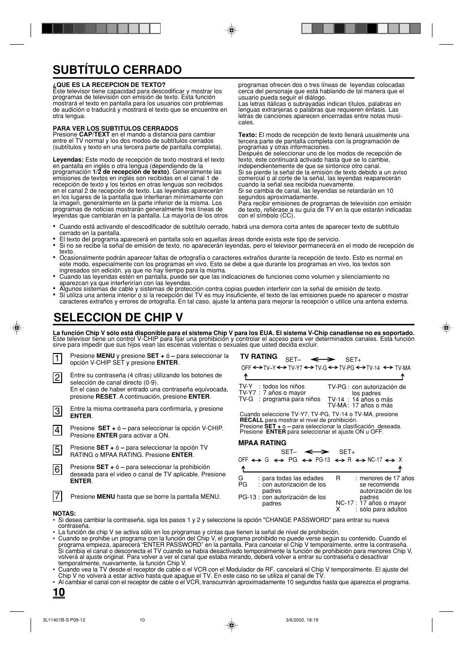 Seleccion de chip v, Subtítulo cerrado | Toshiba 13A22 User Manual | Page 42 / 48