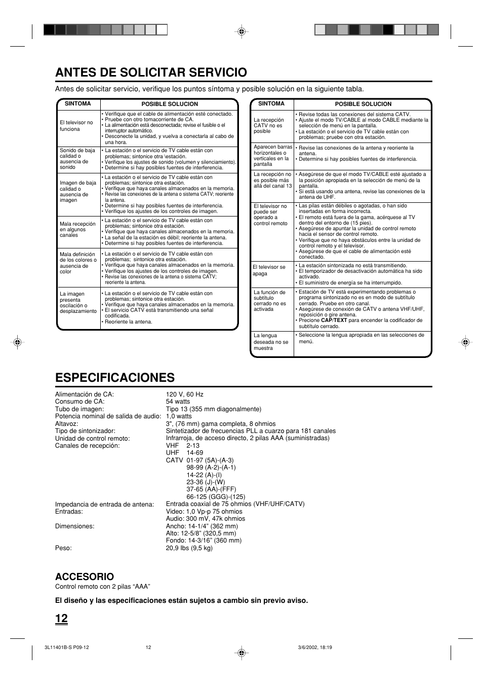Antes de solicitar servicio, Especificaciones, Accesorio | Toshiba 13A22 User Manual | Page 44 / 48
