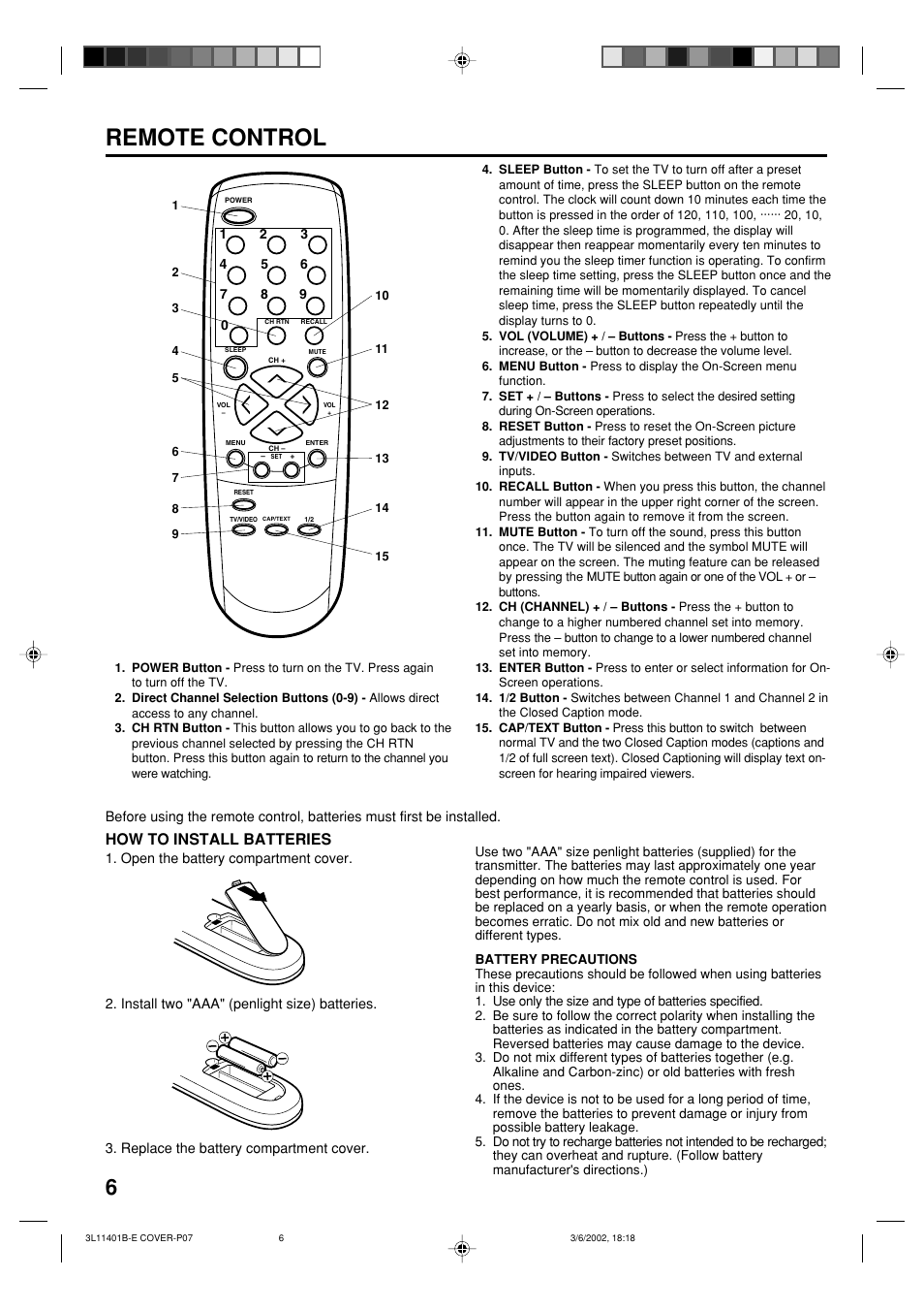 Remote control, How to install batteries | Toshiba 13A22 User Manual | Page 6 / 48