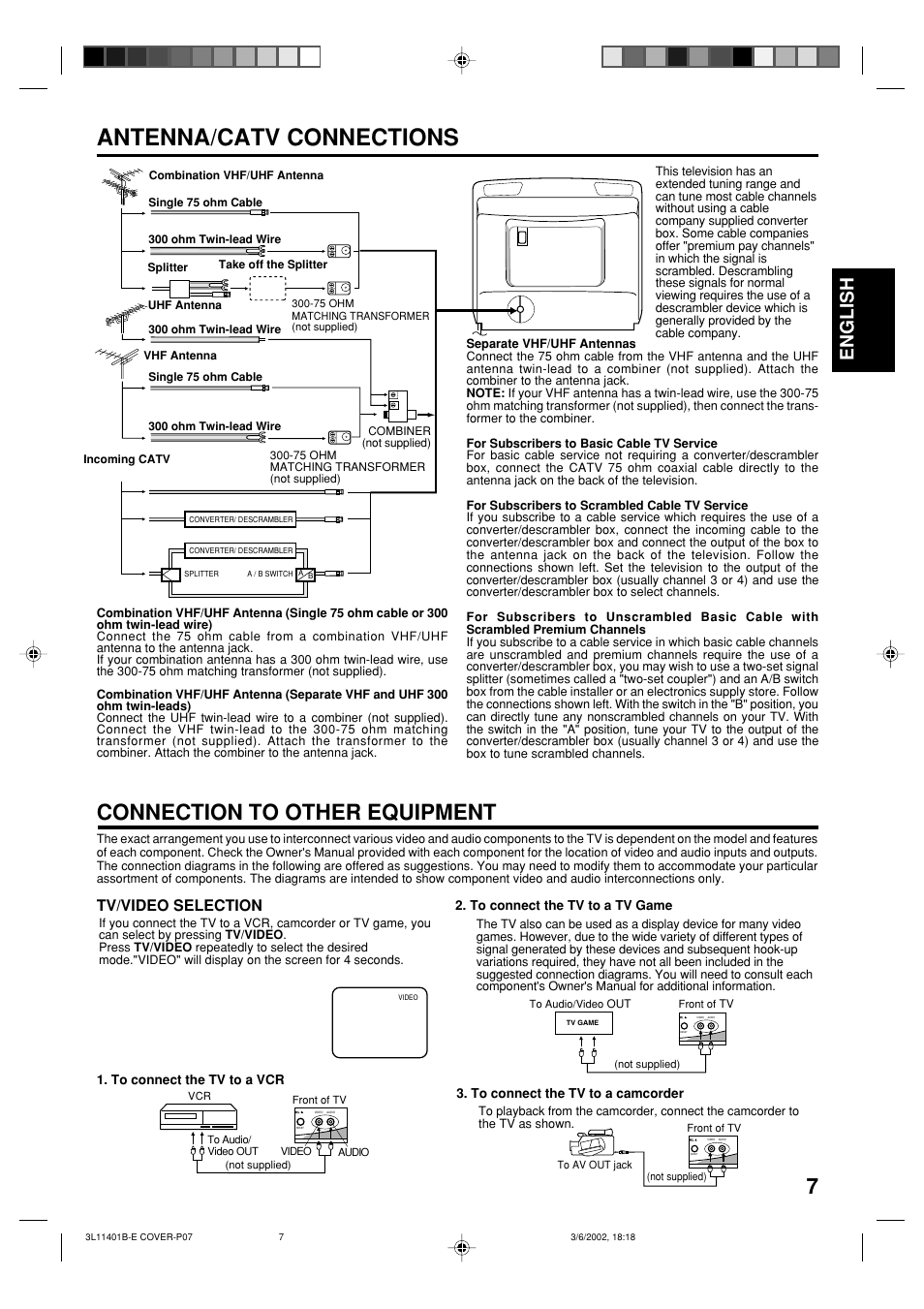 Antenna/catv connections, Connection to other equipment, Englishenglish | Tv/video selection | Toshiba 13A22 User Manual | Page 7 / 48