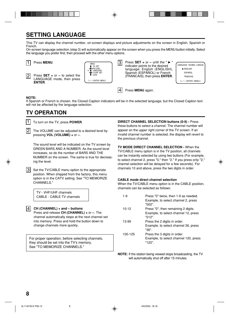 Setting language, Tv operation | Toshiba 13A22 User Manual | Page 8 / 48