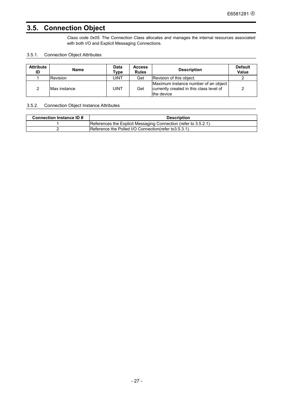 Connection object | Toshiba DeviceNet Option DEV002Z-1 User Manual | Page 28 / 37