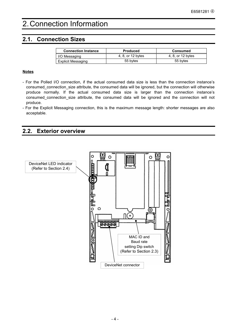 Connection information, Connection sizes, Exterior overview | Toshiba DeviceNet Option DEV002Z-1 User Manual | Page 5 / 37