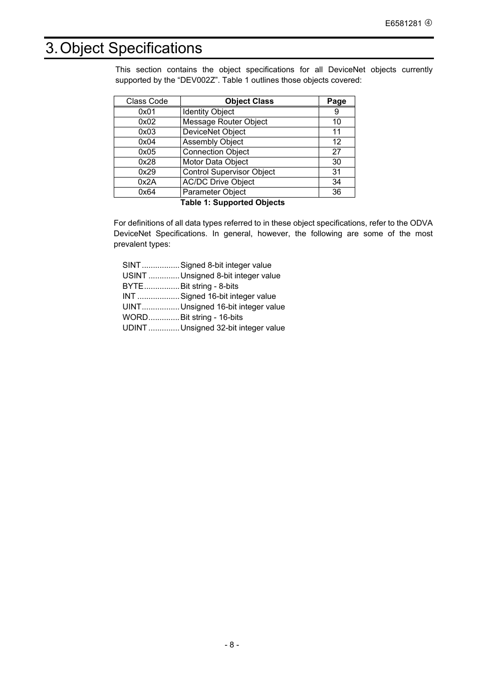 Object specifications | Toshiba DeviceNet Option DEV002Z-1 User Manual | Page 9 / 37