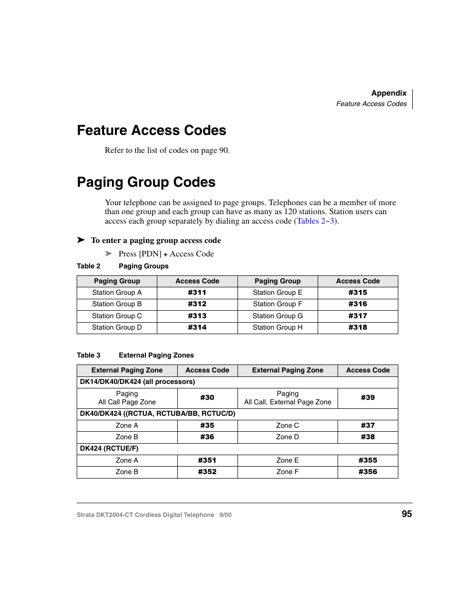 Feature access codes, Paging group codes, Feature access codes paging group codes | Toshiba DKT2004-CT User Manual | Page 107 / 111