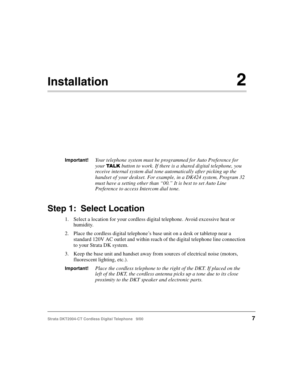 Chapter 2 - installation, Chapter 2 – installation, Installation | Step 1: select location | Toshiba DKT2004-CT User Manual | Page 19 / 111