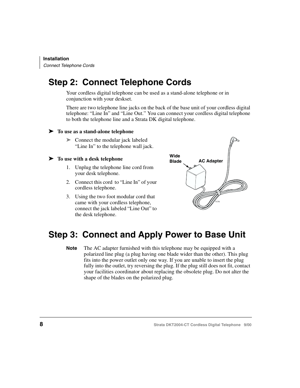 Step 2: connect telephone cords, Step 3: connect and apply power to base unit | Toshiba DKT2004-CT User Manual | Page 20 / 111