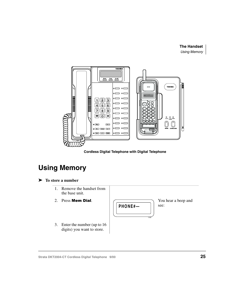 Using memory, The handset, 0hp 'ldo | Cordless digital telephone with digital telephone | Toshiba DKT2004-CT User Manual | Page 37 / 111