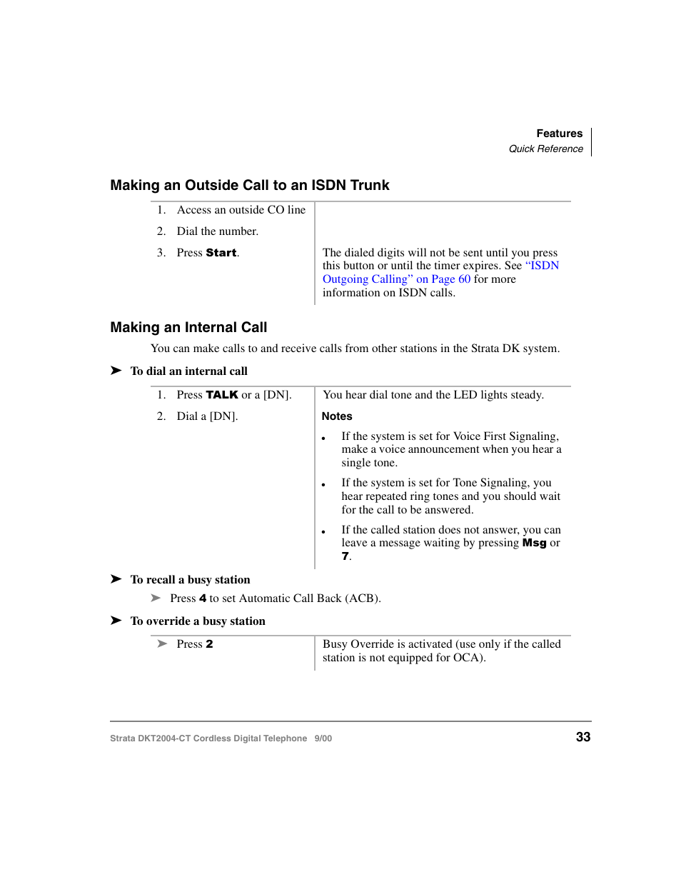 Making an outside call to an isdn trunk, Making an internal call | Toshiba DKT2004-CT User Manual | Page 45 / 111