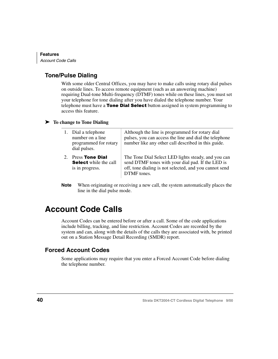 Tone/pulse dialing, Account code calls, Forced account codes | Toshiba DKT2004-CT User Manual | Page 52 / 111