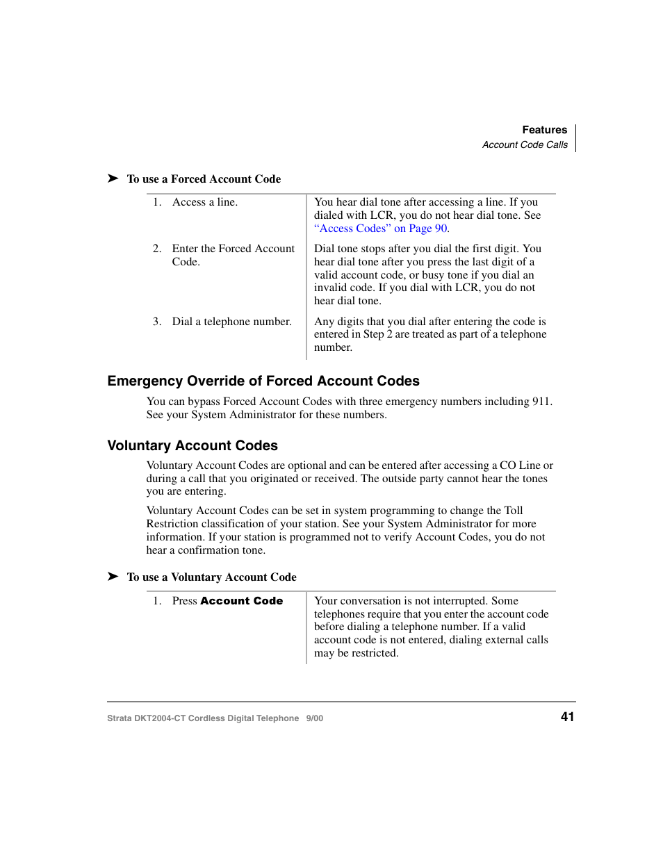 Emergency override of forced account codes, Voluntary account codes | Toshiba DKT2004-CT User Manual | Page 53 / 111