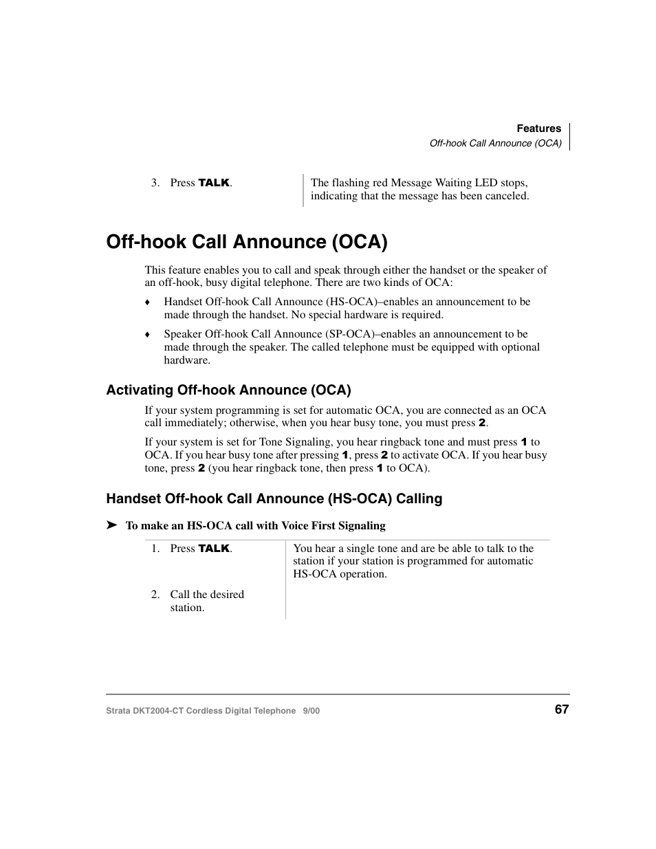 Off-hook call announce (oca), Activating off-hook announce (oca), Handset off-hook call announce (hs-oca) calling | Toshiba DKT2004-CT User Manual | Page 79 / 111