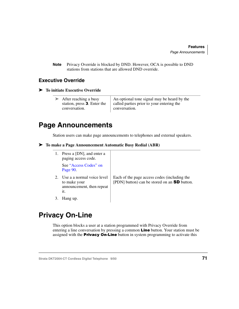 Executive override, Privacy on-line, Page announcements | Toshiba DKT2004-CT User Manual | Page 83 / 111