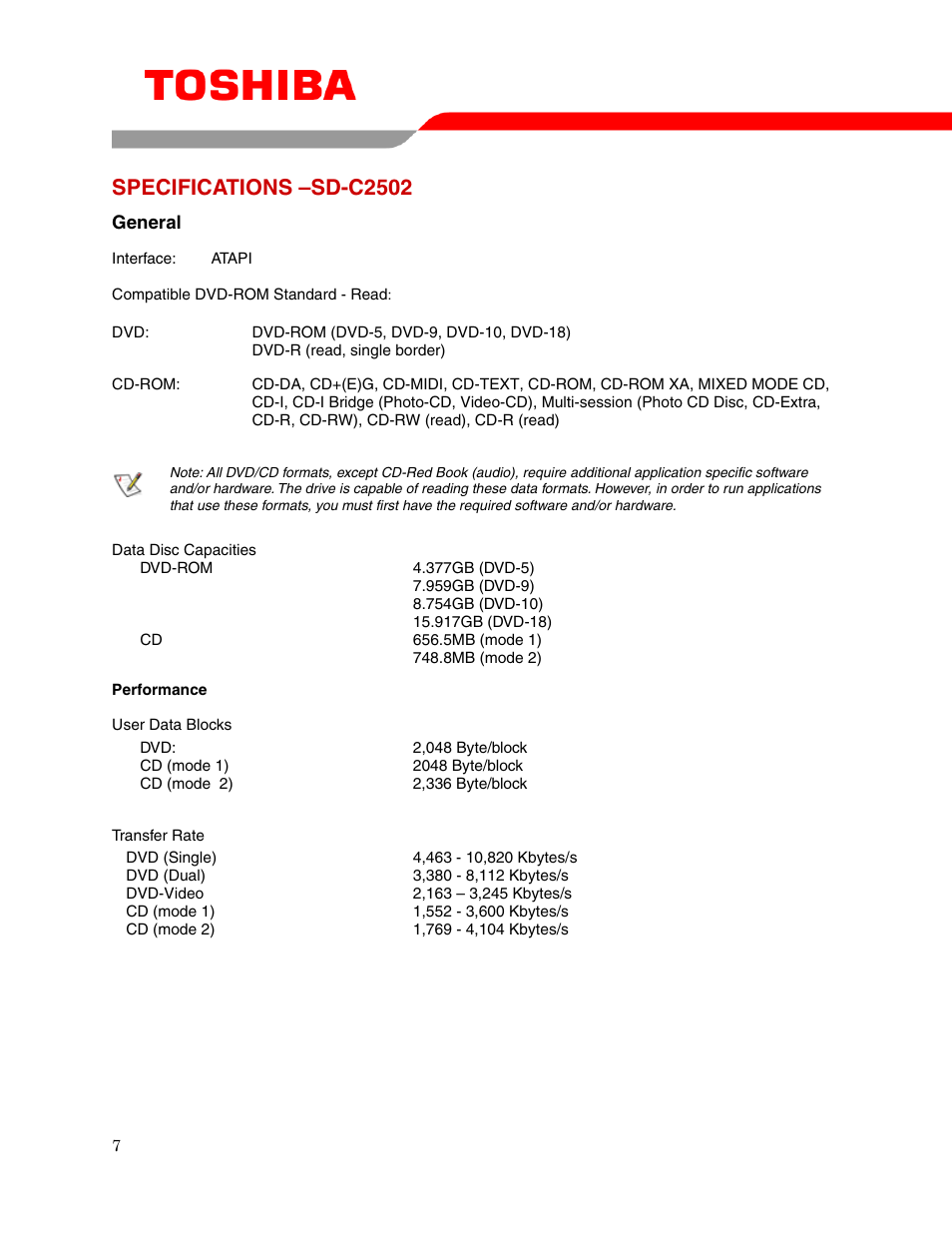 Specifications –sd-c2502 | Toshiba SD-C2502 User Manual | Page 9 / 12