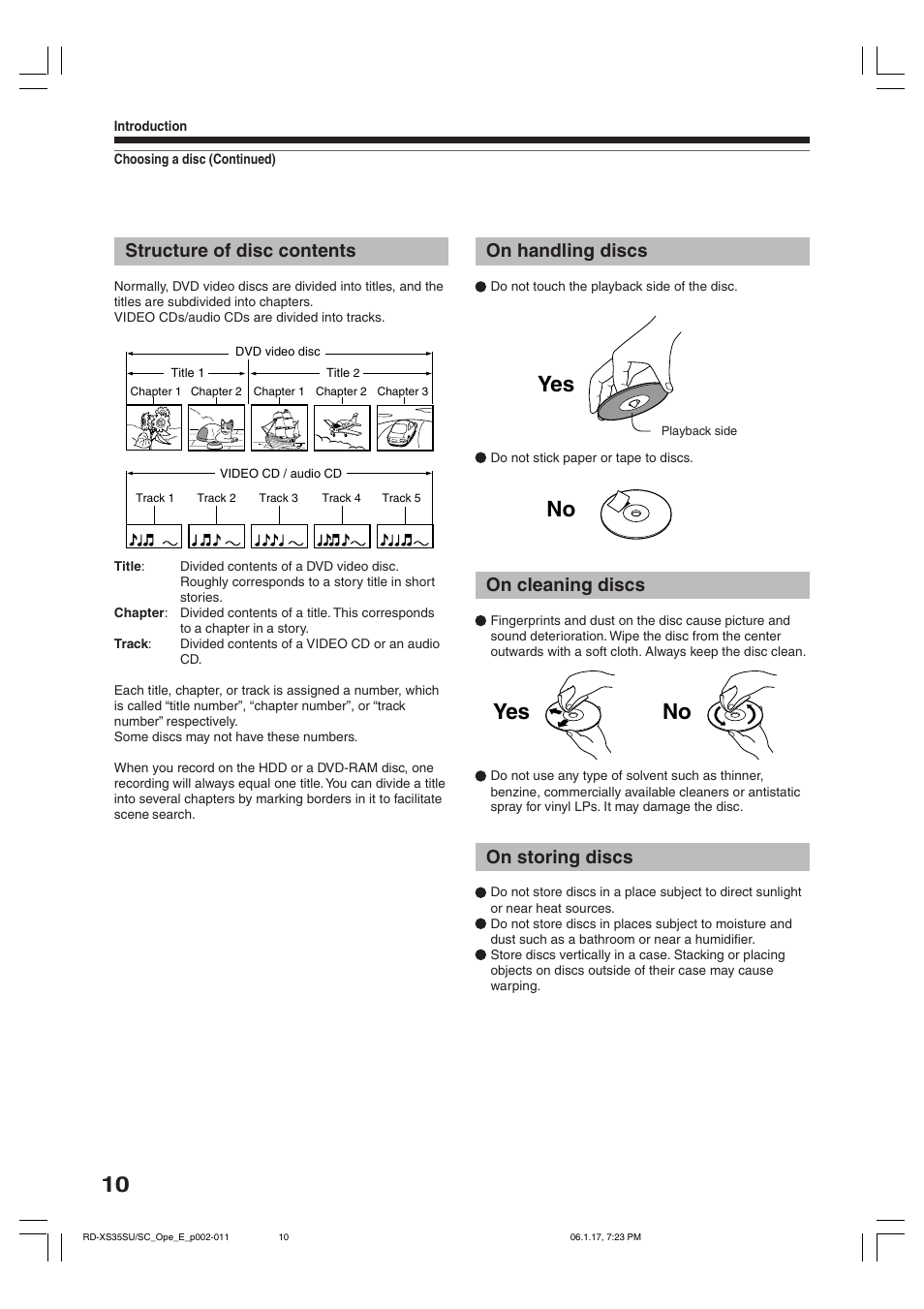 Yes no no, On handling discs, On cleaning discs | On storing discs, Structure of disc contents | Toshiba HDD/DVD Video Recorder RD-XS35SU User Manual | Page 10 / 225