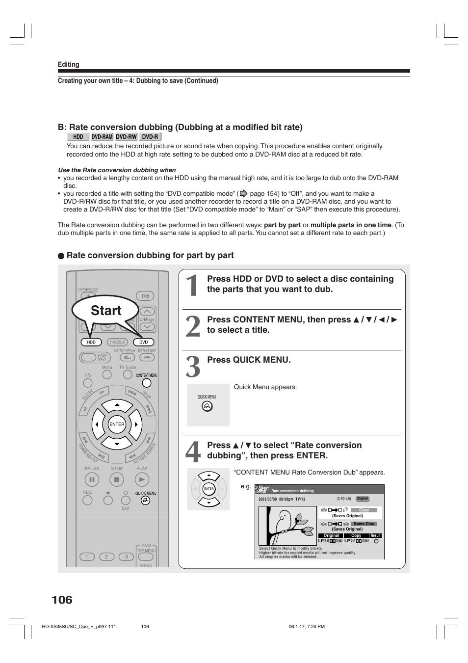 Start | Toshiba HDD/DVD Video Recorder RD-XS35SU User Manual | Page 106 / 225