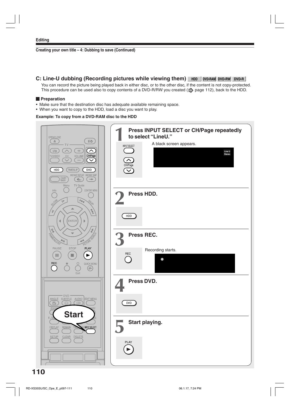 Start | Toshiba HDD/DVD Video Recorder RD-XS35SU User Manual | Page 110 / 225