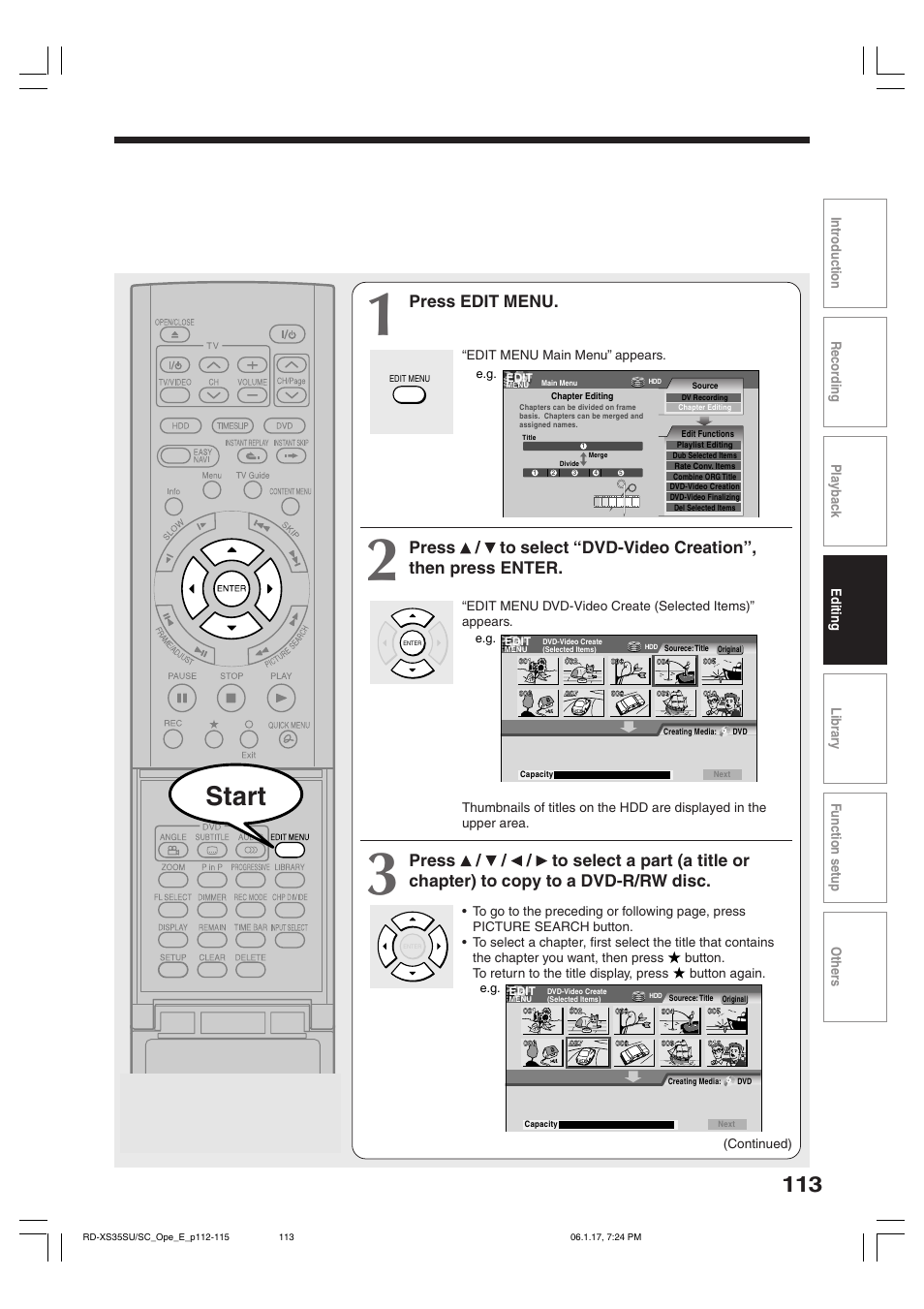 Start, Press edit menu | Toshiba HDD/DVD Video Recorder RD-XS35SU User Manual | Page 113 / 225