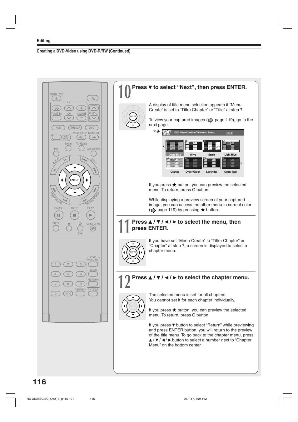 Press to select “next”, then press enter, Press / / / to select the menu, then press enter, Press / / / to select the chapter menu | Toshiba HDD/DVD Video Recorder RD-XS35SU User Manual | Page 116 / 225