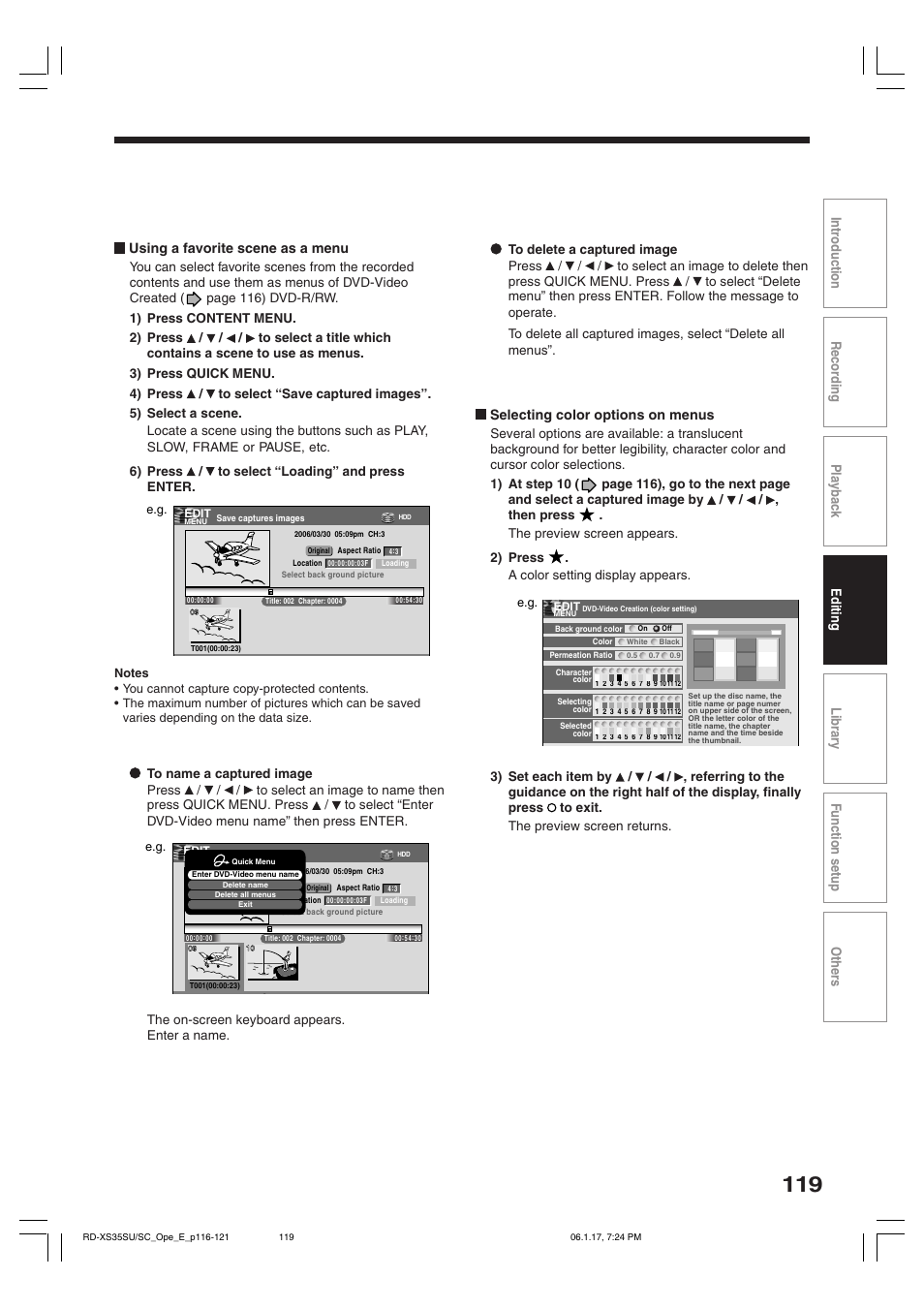 Selecting color options on menus | Toshiba HDD/DVD Video Recorder RD-XS35SU User Manual | Page 119 / 225